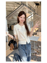 Korean Style Lace Patchwork Peter Pan Collar Short Sleeve Knit Cardigan for Women