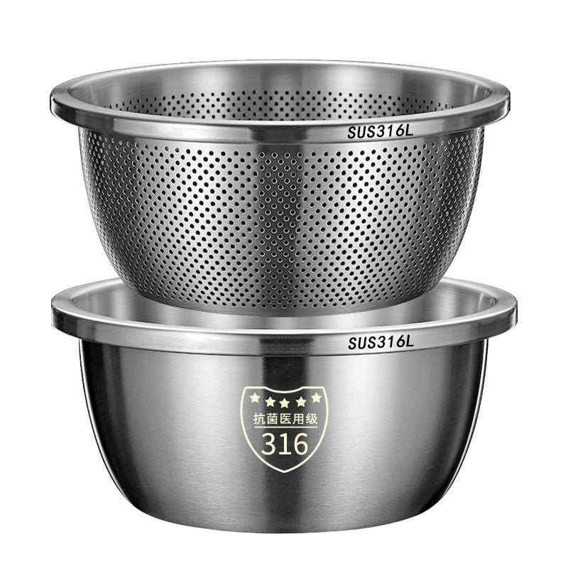 Food Grade 304 Stainless Steel Kitchen Basin Set - Drainer, Colander, Rice Washer, Mixing Bowl