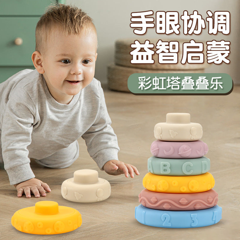 Soft Silicone Stacking Blocks Teether Toy for Babies, Rainbow Ring Educational Play Set with Embossed Numbers