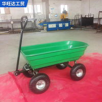 4-Wheel Plastic Dump Cart Farm Tool Outdoor Hand Pull Flatbed Trolley for Hauling