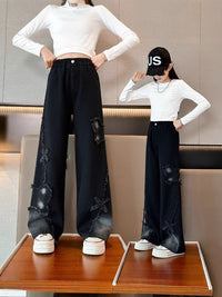 Girls' Wide-Leg Jeans with Butterfly Patch, Casual Denim Trousers for Students