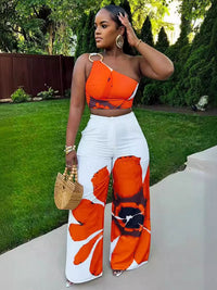Women's Floral Print One-Shoulder Crop Top and Wide-Leg Pants Set