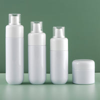 White Flat Shoulder Fine Mist Spray Bottle and Round Bottom Cream Jar for Hydrating Products