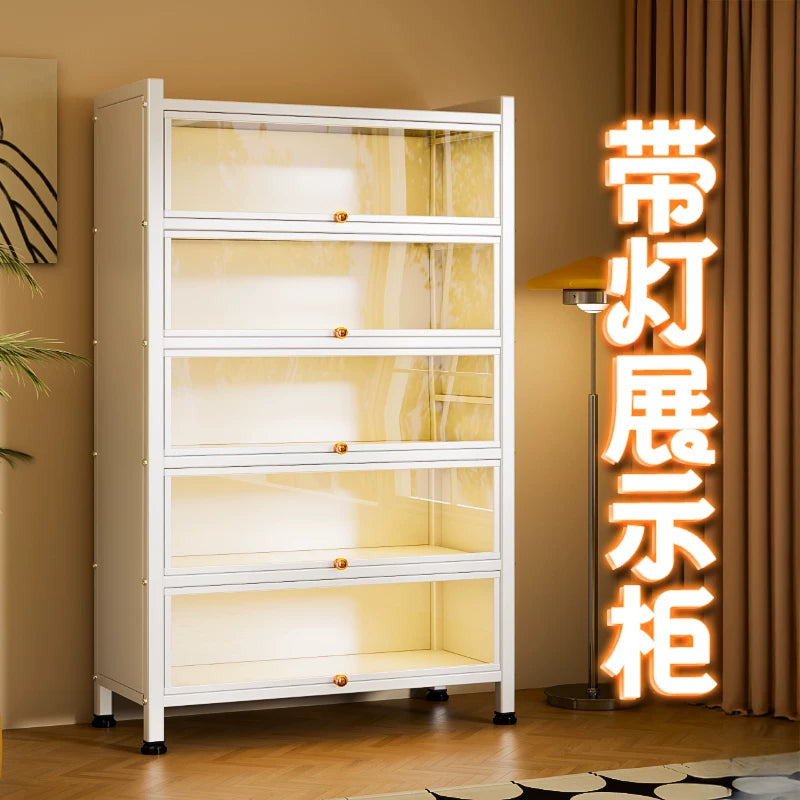 Sanwei Steel Display Cabinet with LED Lights for Collectibles, Dustproof Glass Door Showcase for Living Room, Blind Box Model Organizer