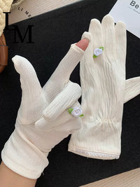 Camellia UV Protection Driving Gloves for Women, Breathable Cotton Touchscreen Sunscreen Gloves