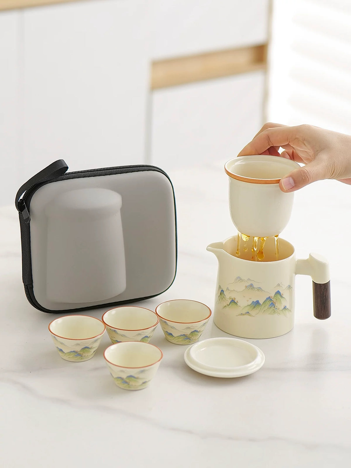 Portable Ceramic Travel Tea Set with 1 Pot, 4 Cups & Canister for Outdoor Camping & Gifts