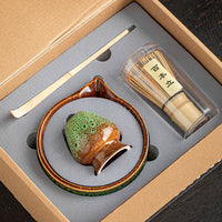 Japanese Style Matcha Bowl with Spout and Whisk Set, Kiln Glazed Ceramic