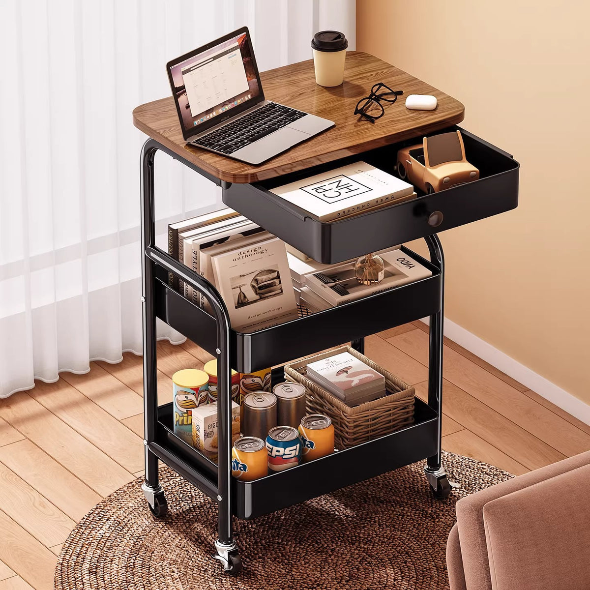 3-Tier Mobile Storage Cart with Adjustable Tabletop and Drawers for Home, Snacks, and Sofa Side