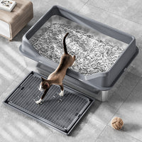 Stainless Steel Cat Litter Box with Anti-Splash Hood and Litter Mat