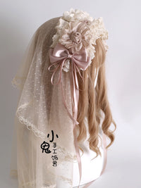 Handmade Lolita Champagne Lace Floral Headband Hair Clip Set