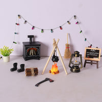 Dollhouse Miniature Christmas Scene 18-Piece Set with Bonfire, Hanging Stove, Fireplace, and Easel