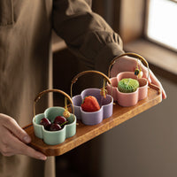 Chinese Ceramic Divided Snack Plate with Wooden Handle and Serving Bowls
