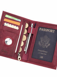 Vintage Crazy Horse Leather RFID Passport Holder with AirTag Slot and Coin Pocket