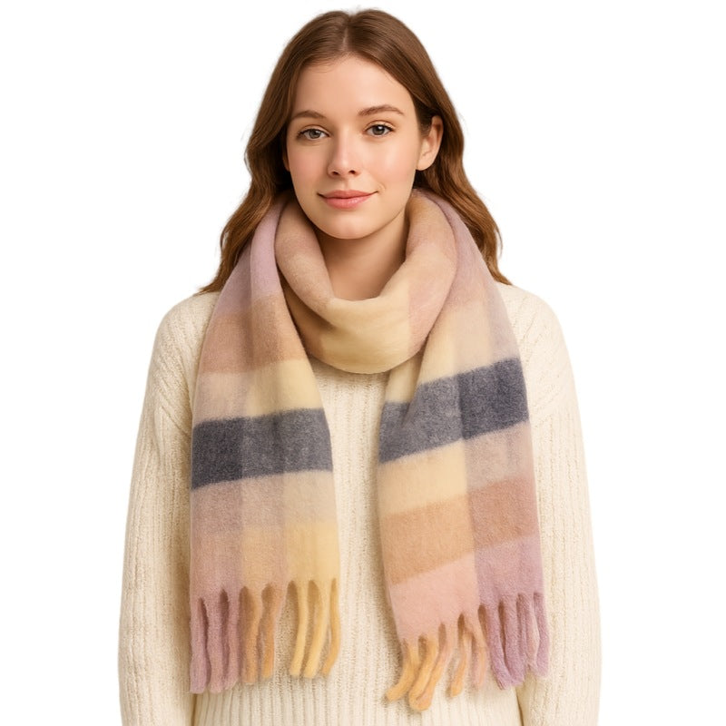 Mohair Plaid Scarf for Women, Korean Style Plush Tassel Warm Neck Wrap