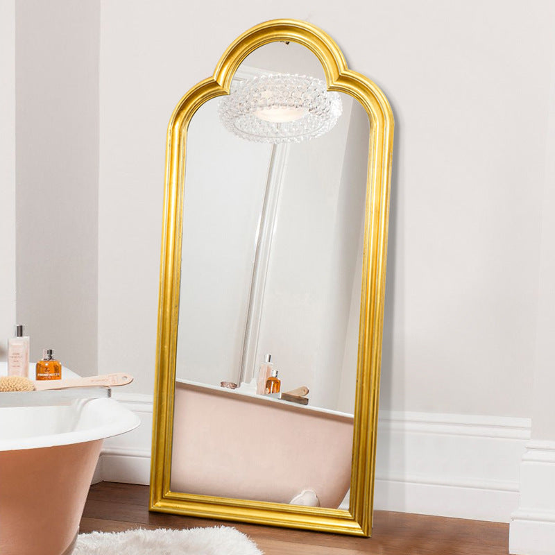Wooden Arched Full-Length Mirror European Style Dressing Mirror for Living Room Cloakroom Clothing Store Wall-Leaning Floor Mirror