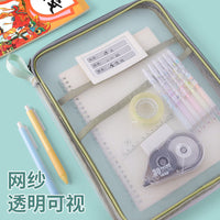 Thickened L-Shaped Mesh Zipper File Bag with Handle for Students, Large Capacity Document Organizer