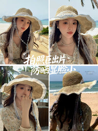French Lace Tie Straw Hat for Women and Kids - Wide Brim Sun Protection Beach Hat