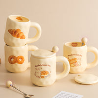 Cute Cartoon Rabbit Ceramic Mug with Lid and Spoon for Coffee and Breakfast