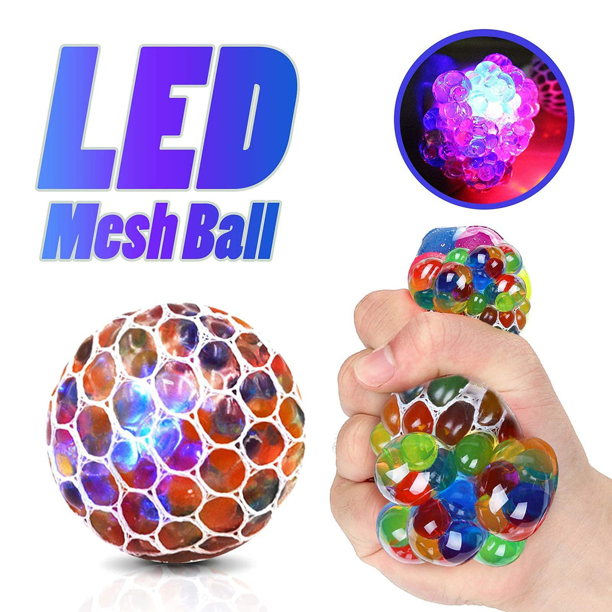 Grape Stress Ball Squeeze Toy with Colorful Beads - Rainbow Mesh Anti-Stress Relief Fidget Toy