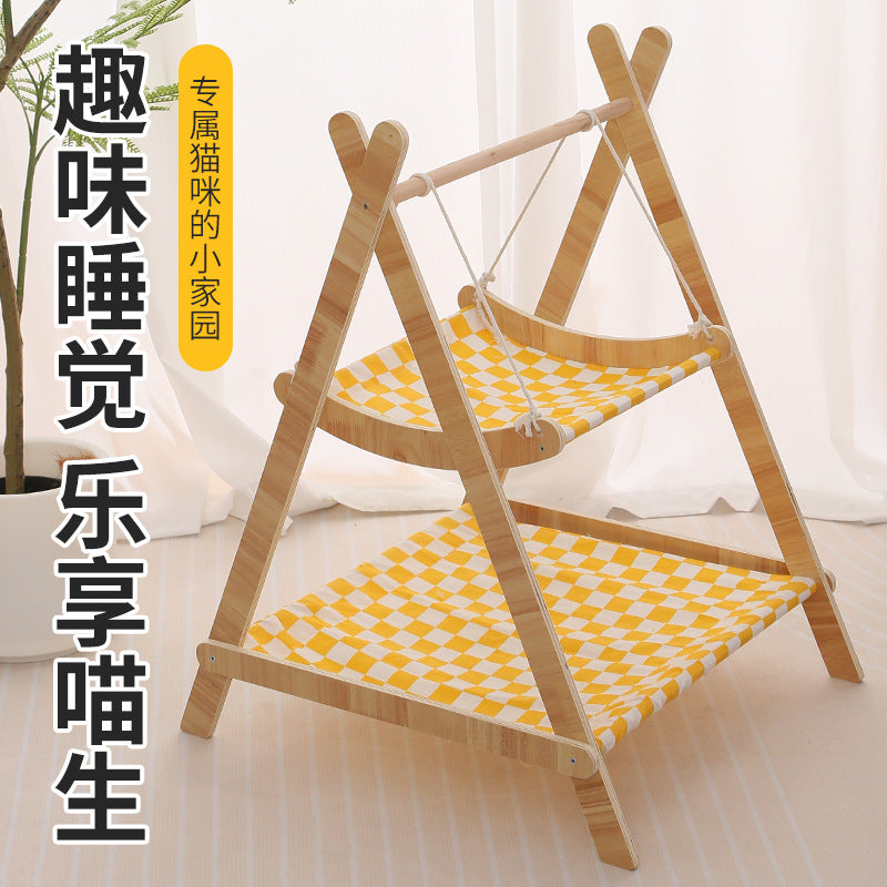 Luxury Double-Layer Wooden Cat Hammock Swing Bed for Small Pets