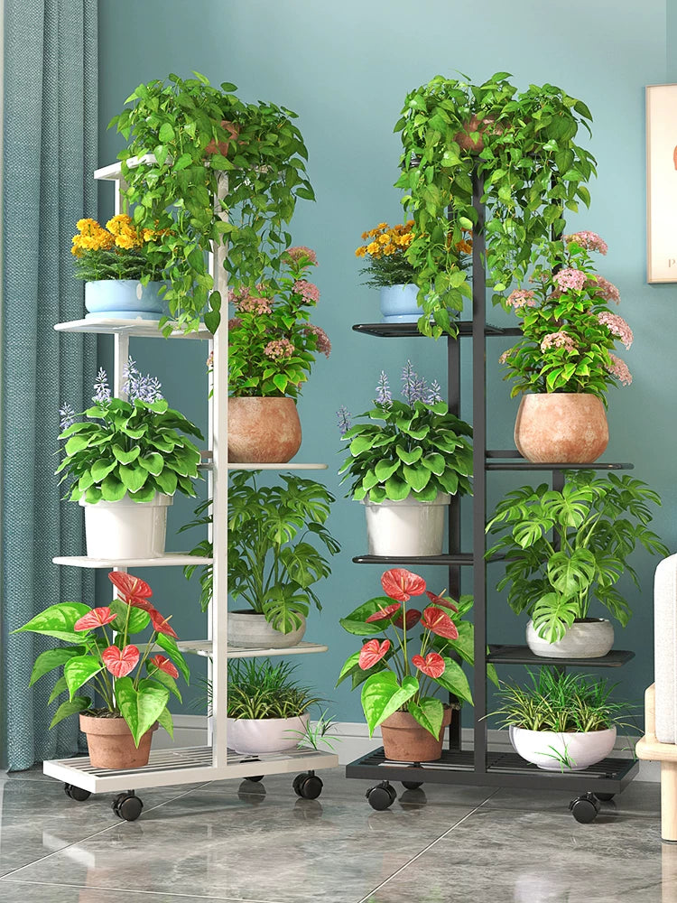 Multi-Tier Wrought Iron Plant Stand with Wheels for Balcony & Living Room