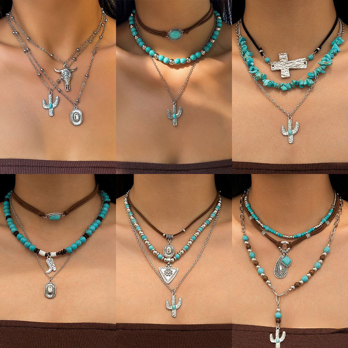 Bohemian Turquoise Beaded Cactus Pendant Necklace Set