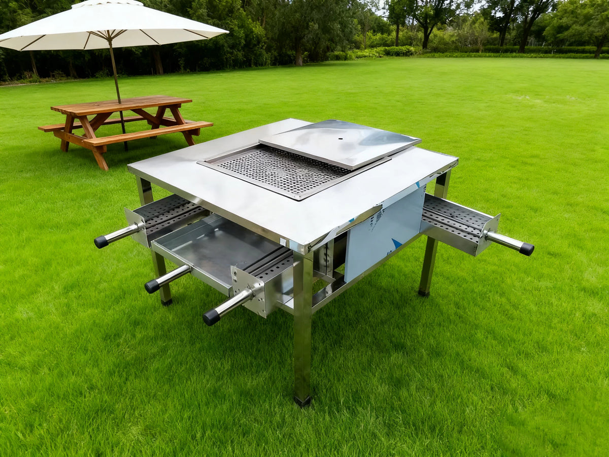 Smokeless Stainless Steel BBQ Grill Table with 3 Charcoal Basins for Outdoor Self-Service Grilling