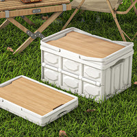 Foldable Outdoor Storage Box with Wooden Lid for Camping and Car Trunk Organization