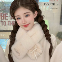 Japanese Sweet Lace Bow Plush Short Cross Scarf for Women, Thickened Warm Neck Warmer