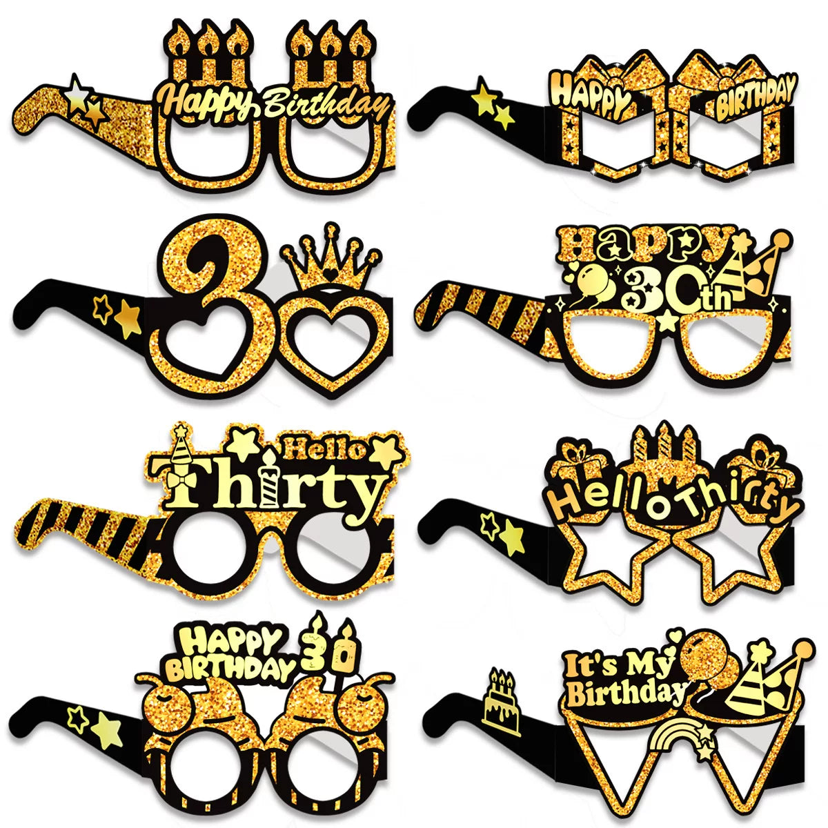 Birthday Age Novelty Glasses Photo Booth Props - Black and Gold Paper Eyeglasses for Party Decoration