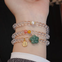 Natural Rose Quartz and White Crystal Triple-Wrap Bracelet with Peace Buckle Charm