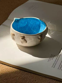 Shinymomo Creative Handmade Ceramic Matcha Bowl with Cute Cartoon Bear and Pool Design