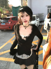 Women's V-Neck Faux Fur Cardigan with Lace Camisole Two-Piece Set