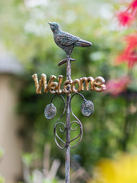 Juhan Iron Art Bird Welcome Sign Garden Stake with Bell, Vintage Villa Landscape Ornament