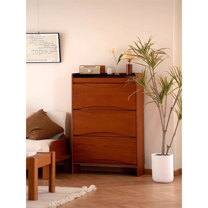 Nordic Solid Wood Ultra-Thin Shoe Cabinet, Large Capacity Entryway Shoe Storage with Cherry Wood Finish