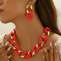 Matte Frosted Hollow Square Acrylic Cuban Chain Necklace and Earrings Set Hip Hop Bright Color Patchwork Jewelry