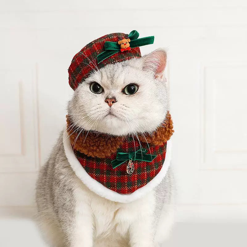 Christmas Pet Hat and Bib Set for Cats and Small Dogs, Festive Octagonal Hat and Scarf Costume