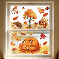 Autumn Cartoon Animal Static Cling Window Decals - Removable Pumpkin Maple Leaf Thanksgiving Decorations