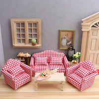 1:12 Dollhouse Miniature Living Room Sofa Set - Red Plaid Furniture Model