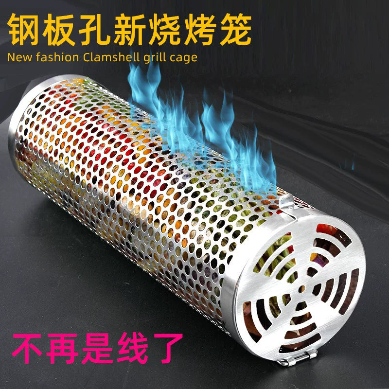Rotating BBQ Grill Basket Cylinder for Outdoor Grilling and Smoking