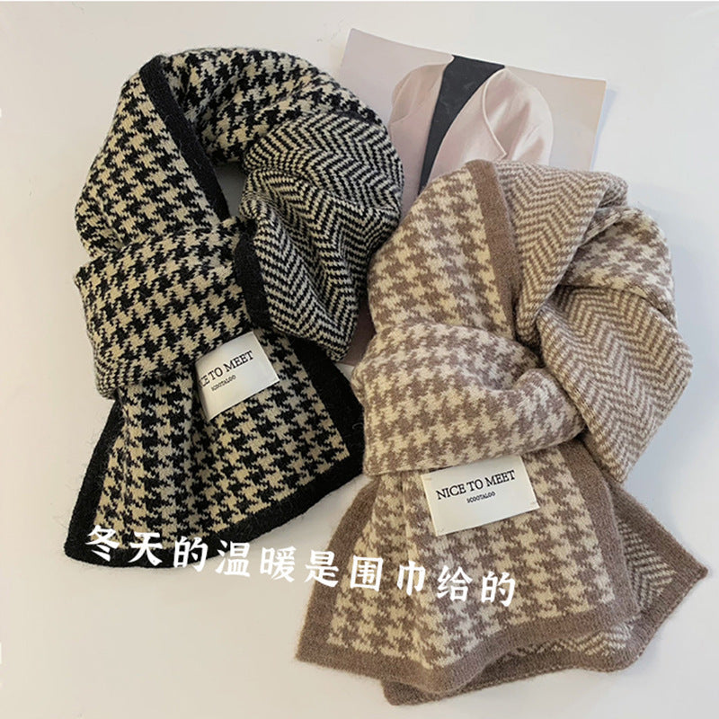 Korean Style Houndstooth Double-Sided Scarf for Autumn/Winter, Warm Knitted Neck Warmer, Versatile Couple Fashion