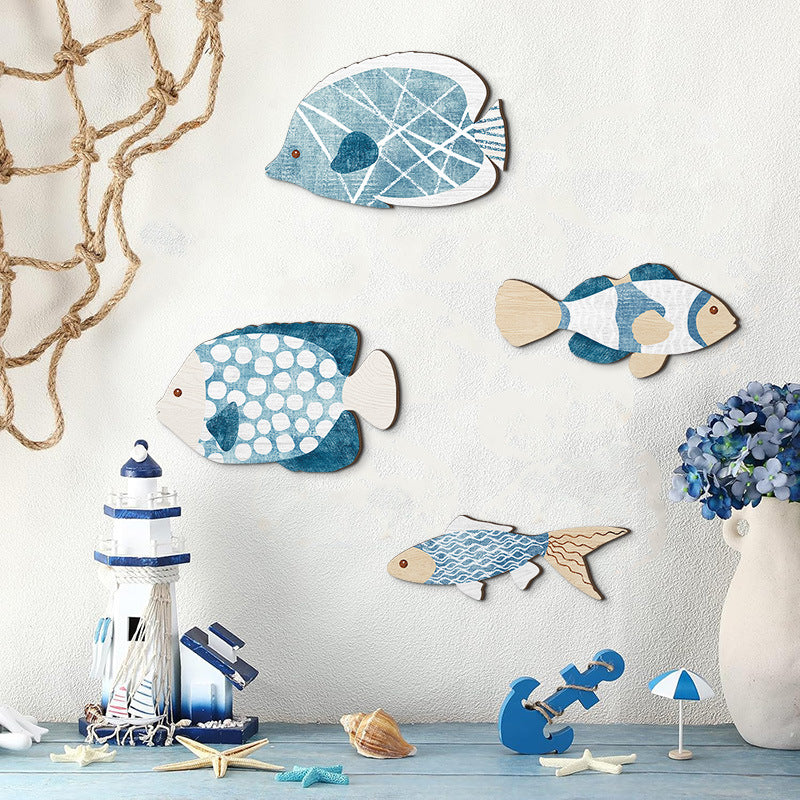 Nautical Wooden Fish Wall Decor Set - 4 Piece Coastal Bathroom Hanging Ornaments