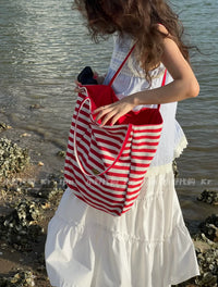 Large Capacity Striped Canvas Tote Bag for Commuting and Shopping