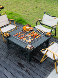 Outdoor Charcoal Grill Fire Pit Set with Lid and Wheels for BBQ and Tea Ceremony