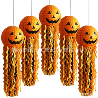 Halloween Paper Lanterns with Tassels - Witch, Cat Eye, Skeleton, Pumpkin Designs (Set of 5)