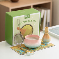 Japanese Matcha Bowl Set with Whisk and Spout, Mountain and Sea Design
