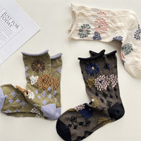 Japanese Sweet Geometric Floral Embossed Mid-Calf Cotton Socks for Autumn/Winter