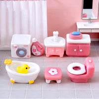 Pink Dollhouse Miniature Bathroom Furniture Set - Sink, Bathtub, Toilet, Washing Machine Decor
