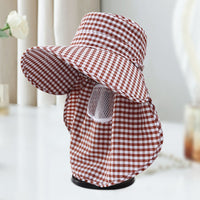 Plaid Sun Protection Hat with Neck Flap and Breathable Face Mask for Outdoor Activities