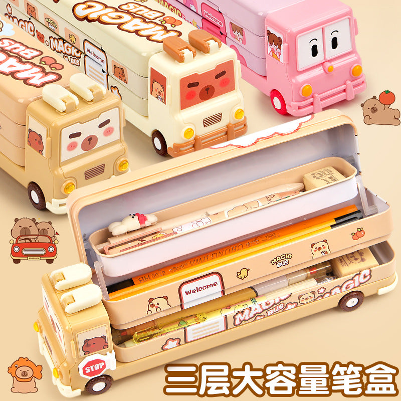 Cartoon Capybara School Bus Pencil Case, Large Capacity Three-Layer Metal Stationery Box for Students